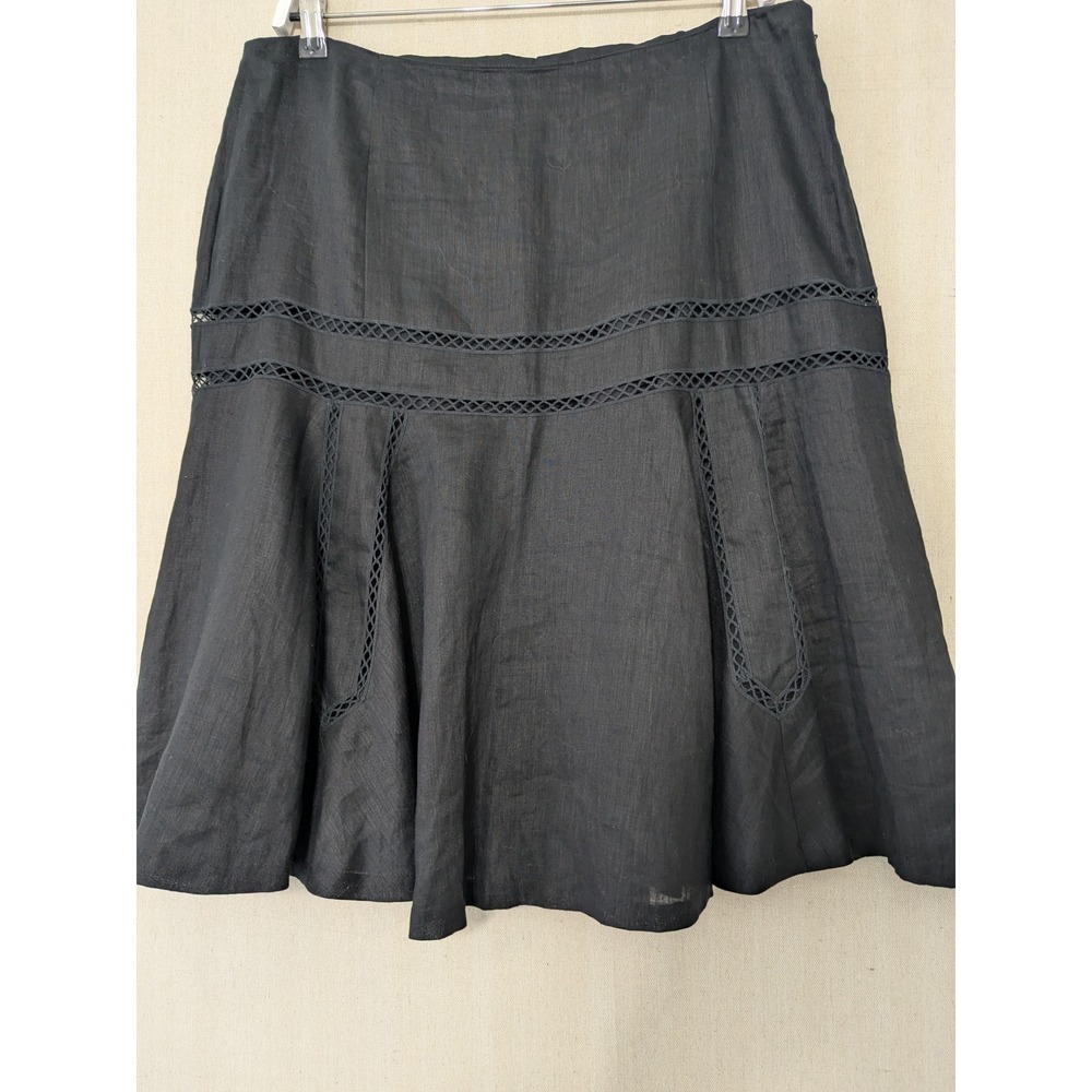 Lauren Ralph Lauren Skirt Womens 12 Black Linen Lattice Trim A-Line Knee Length